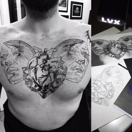 tattoos/ - Blackwork Heart and Masks Chest Tattoo - 115345